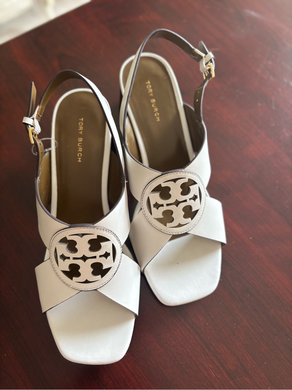 Tory Burch Cream Logo Cutout Slingback Sandals